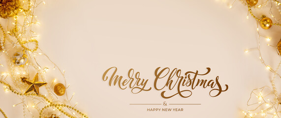 Merry Christmas and Happy New Year greeting card, frame, and banner. Holidays design. Noel and...