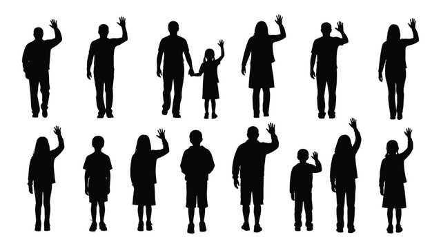 Diverse waving people silhouettes isolated on white background, Vector