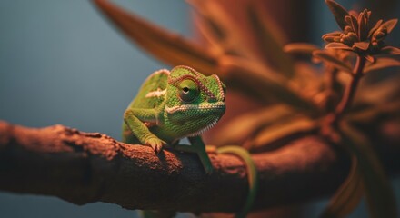Small green chameleon on branch in natural habitat. Wildlife animal with camouflage ability. Exotic pet or reptile concept.