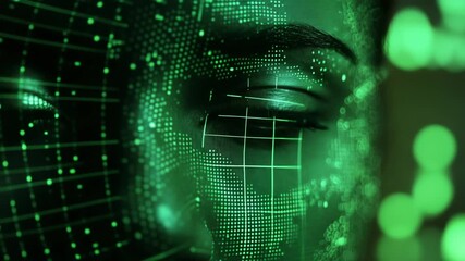 Macro view of futuristic digital eye analyzing holographic grid interface. Concept of AI, vision technology cyber innovation symbolizing modern science, artificial intelligence, and advanced systems - Powered by Adobe