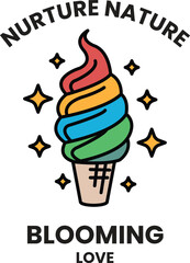 A black and white drawing of a swirl of ice cream in a cone with the words nurtu