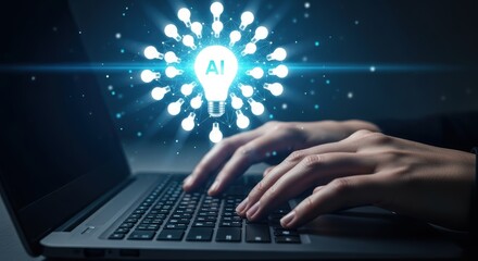 Person types on laptop keyboard displaying lightbulbs symbolizing innovative solutions and technology driven processes