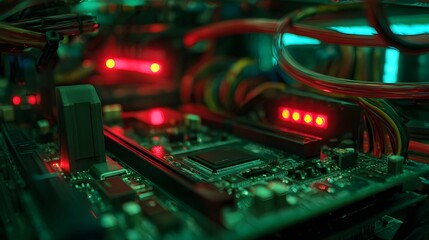 Close up view of illuminated red LEDs on a complex computer circuit board bathed in green ambient light