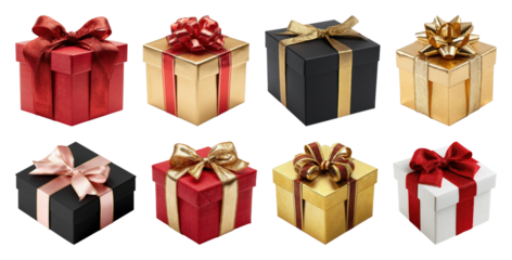 PNG Elegant gift boxes with ribbons, element set on transparent background