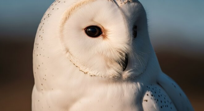Close-up of a white barn owl with an intense dark eye. Majestic bird profile for wildlife photography and nature conservation concepts.