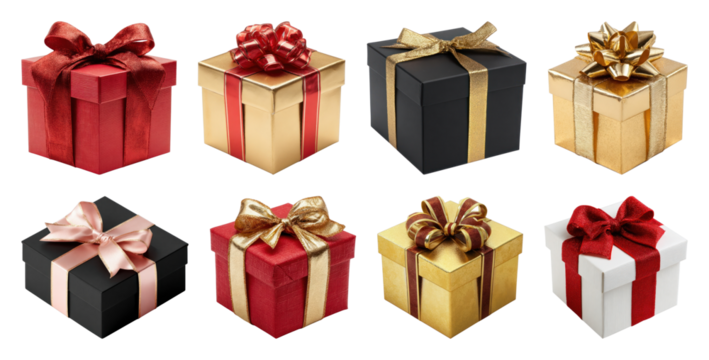 PNG Elegant gift boxes with ribbons, element set on transparent background
