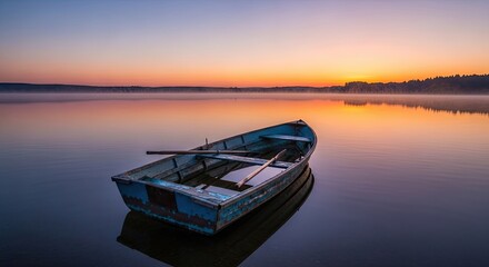 A serene lake at sunset with a blue rowboat and a single oar, surrounded by mist and a colorful sky.