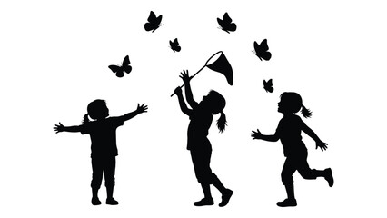 Children chasing butterflies silhouette isolated on white background, Vector