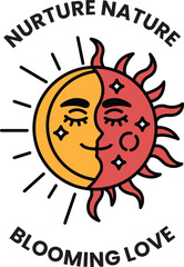 A sun and moon with the words nurturing nature blooming love