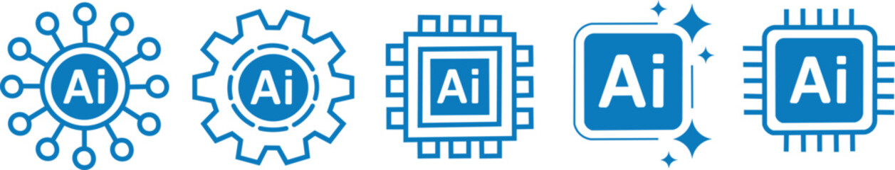 Neural network microchips, digital technology and science, AI processor symbols, autonomous robot brand logos, and innovation and automation images.  set of vectors