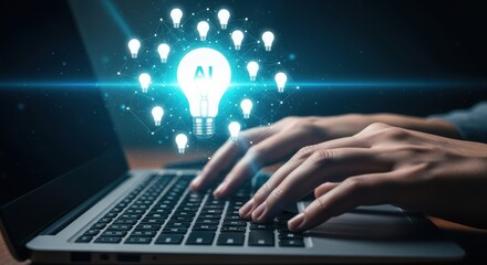 Person types on laptop keyboard as lightbulb network symbolizes artificial intelligence technology and machine learning