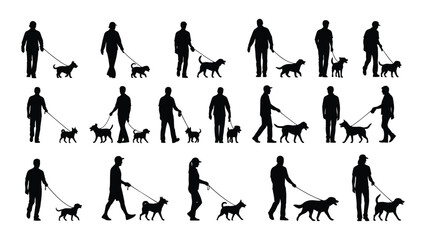 People walking dogs silhouettes isolated on white background, Vector
