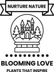 A white banner with a castle and trees on it