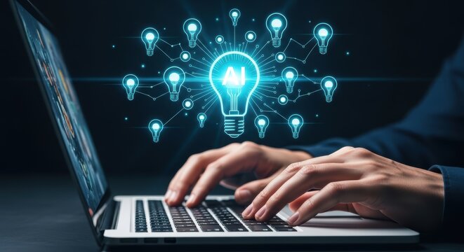Person working on laptop with lightbulb neural network graphic symbolizing artificial intelligence innovation and technology