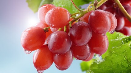 Clusters of fresh red grapes dangle elegantly, their surface adorned with tiny water droplets. Lush green leaves frame the scene, hinting at a warm, sunny day, inviting the senses