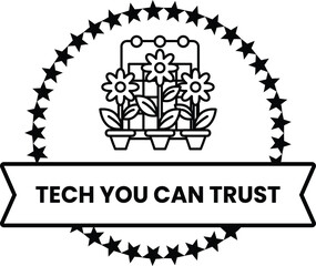 A black and white logo with three flowers