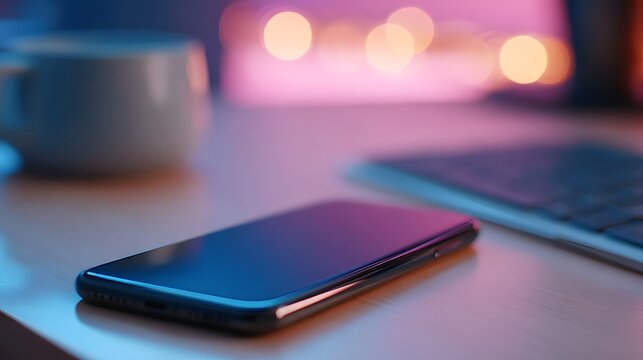 A sleek smartphone rests on a wooden desk illuminated by vibrant neon blue and pink ambient light with a blurred bokeh background
