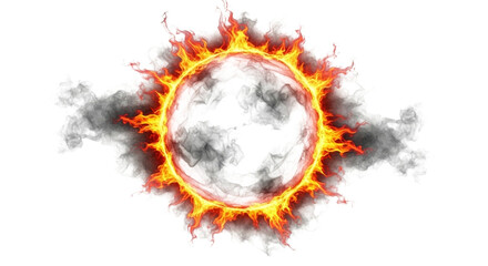 A fiery ring of fire and smoke, resembling a sun or portal, burns intensely with bright orange and yellow flames against a stark transparent background