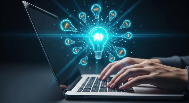 Person typing on laptop with glowing lightbulb icons symbolizing ideas and innovation in technology and digital intelligence era