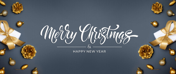 Merry Christmas and Happy New Year greeting card, frame, and banner. Holidays design. Noel and Feliz Navidad. Christmas gifts and decorations, top view. Flat lay.