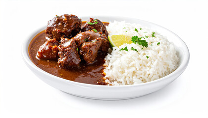 Brazilian Oxtail Stew (Rabada) with Rice on Clean White Background