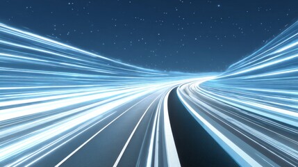 A sleek highway stretches into the distance, illuminated by vibrant blue light trails