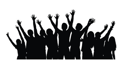 Jubilant crowd silhouette with raised hands isolated on white background, Vector