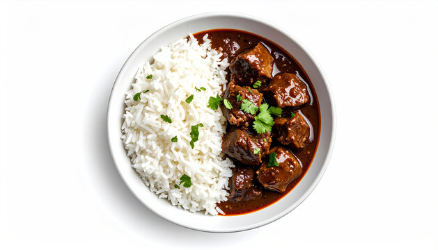 Brazilian Oxtail Stew (Rabada) with Rice on Clean White Background