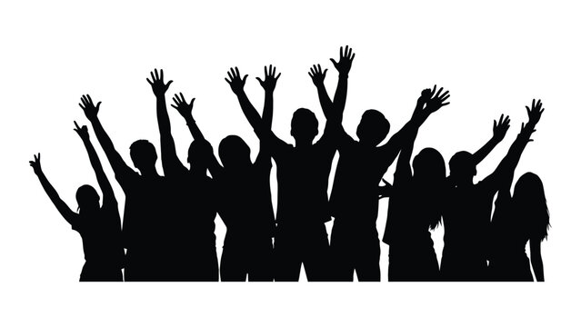 Jubilant crowd silhouette with raised hands isolated on white background, Vector