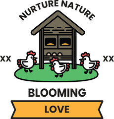 A black and white drawing of three chickens and a small house