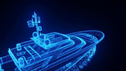 A glowing, blue, digital representation of a yacht, outlined by points of light against a dark background.  Water spray effects are visible
