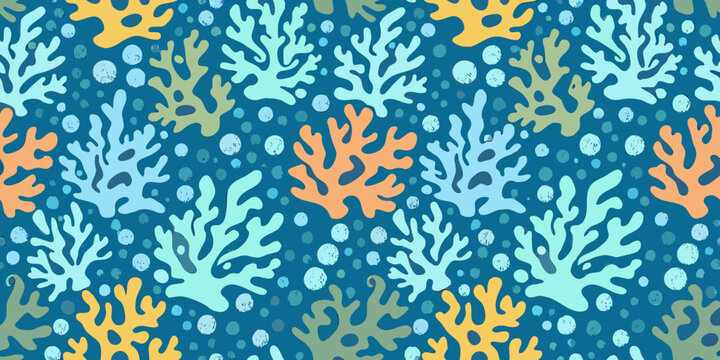 Colorful coral reef seamless pattern with bubbles on blue background