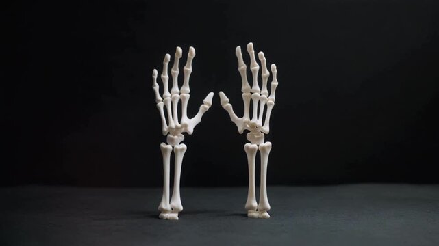 Two Anatomical Skeleton Hands Standing Upright Against Black Background Keywords: skeleton, hands, arms, bones, anatomy, human anatomy, skeletal, skeletal system, standing, upright, pair, two
