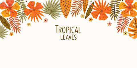 Obraz premium Tropical leaves and flowers border with copy space for text or design