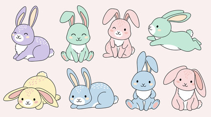Obraz premium Cute rabbits shown in playful gentle poses. Soft pastel colors create warm friendly mood. Smooth outlines add calm and cozy character