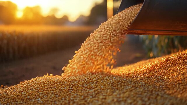 Close-up view of golden corn grains falling in sunlight, symbolizing harvest, nature, and fresh healthy organic farming, representing growth, abundance, and agricultural production in warm rural scene