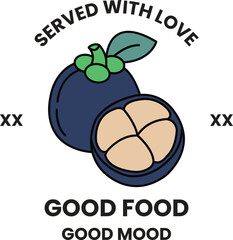 A black and white image of a fruit with the words 