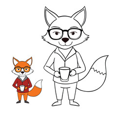 A charming hipster fox wearing trendy glasses, sipping coffee with a cozy vibe, ready to color and bring this adorable, stylish woodland scene to life.
