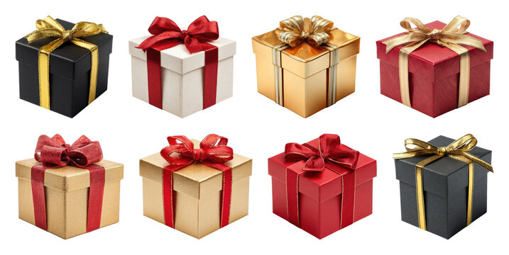 PNG Elegant gift boxes with ribbons, element set on transparent background