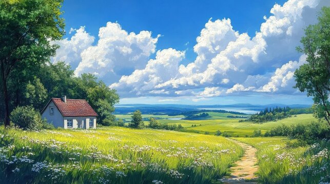 Country house surrounded by green fields, blue sky - Powered by Adobe