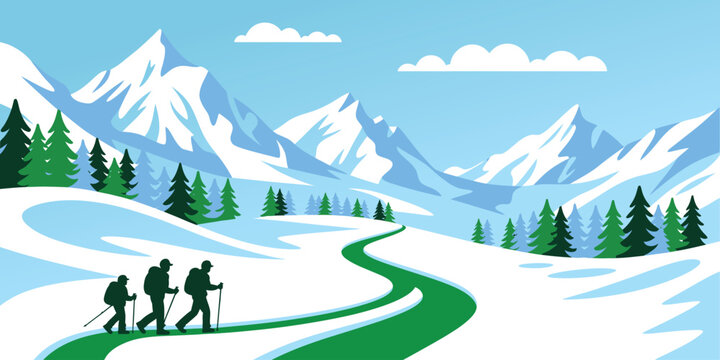Winter mountain hiking illustration with hikers walking on snowy landscape, pine trees and alpine peaks, outdoor trekking adventure, nature background design, scenic vector artwork for travel