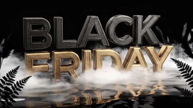 Dark metallic and gold block letters spelling BLACK FRIDAY emerge from white smoke above a dark reflective surface
