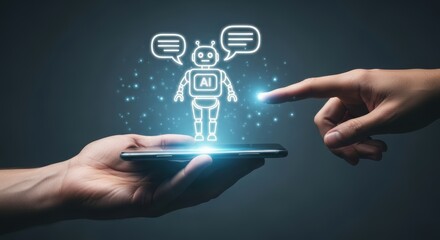 Conceptual glowing chatbot on smartphone representing modern artificial intelligence interacting with a digital assistant on the device