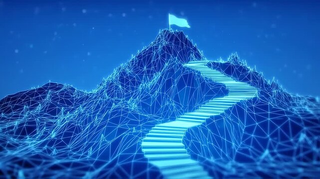 Abstract mountain landscape with glowing steps and flag