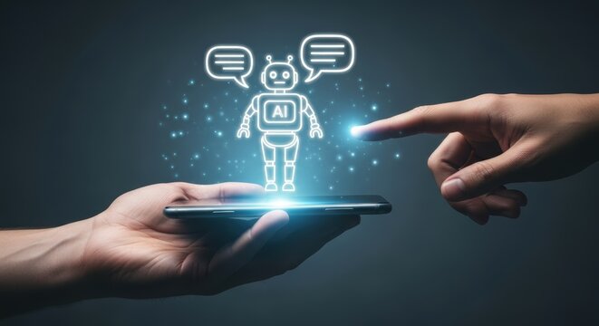 Conceptual glowing chatbot on smartphone representing modern artificial intelligence interacting with a digital assistant on the device