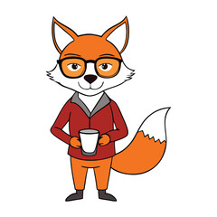 A charming hipster fox with stylish glasses sips coffee, radiating cozy vibes and playful personality in a warm, whimsical scene full of charm and character.
