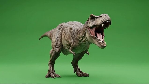 Detailed 3D T-Rex dinosaur animation isolated on chroma key green screen for professional video composition and CGI scenes