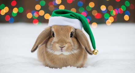 Tan rabbit in snow wears green and white Christmas hat with a gold bell, symbolizing holiday season, winter celebration, and festive cheer