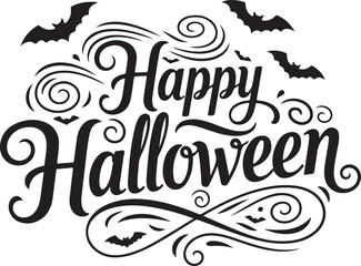 Happy halloween" calligraphic lettering with flying bats and swirls