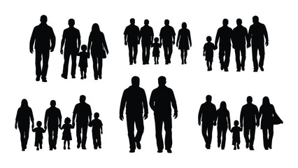 Diverse family and group silhouettes walking isolated on white background, Vector